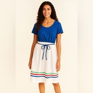 Vintage 80’s Sears The Fashion Place Blue and White Dress with Colorful Stripes